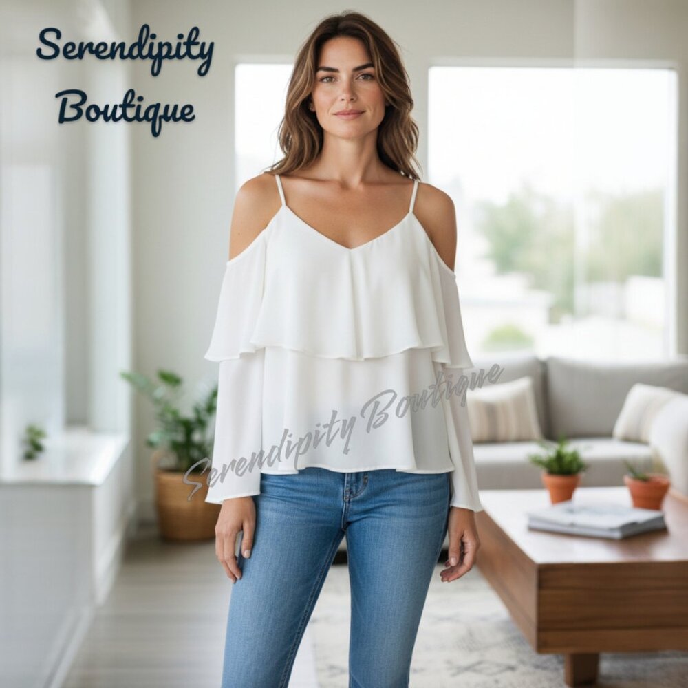 Breezy Oversized Spaghetti Strap Crepe Ruffle Cold Shoulder Strap Blouse.